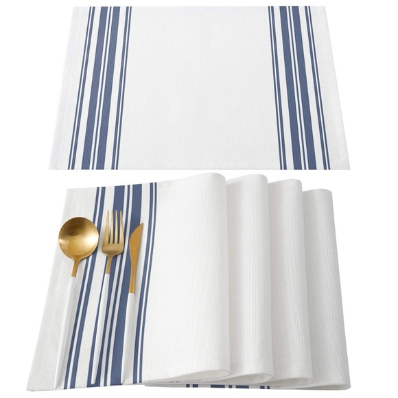 Navy Blue Striped Placemats Set of 6,Modern White Striped Abstract Art Placemats - Picture 1 of 4